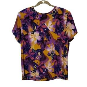 Point & Line Womens Sz M Purple  Floral Short Sleeve Blouse